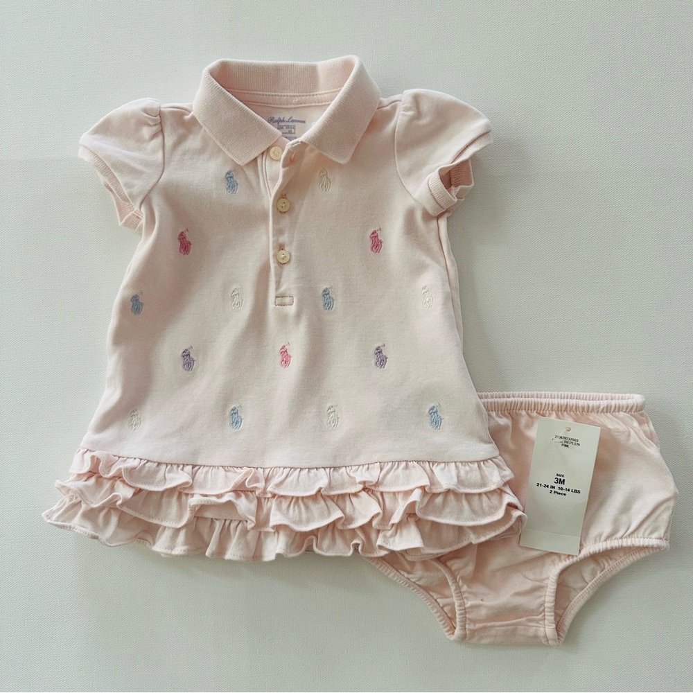 Ralph Lauren 3 Months Baby Girl Soft Pink Ruffle Logo Print Dress Spring Summer